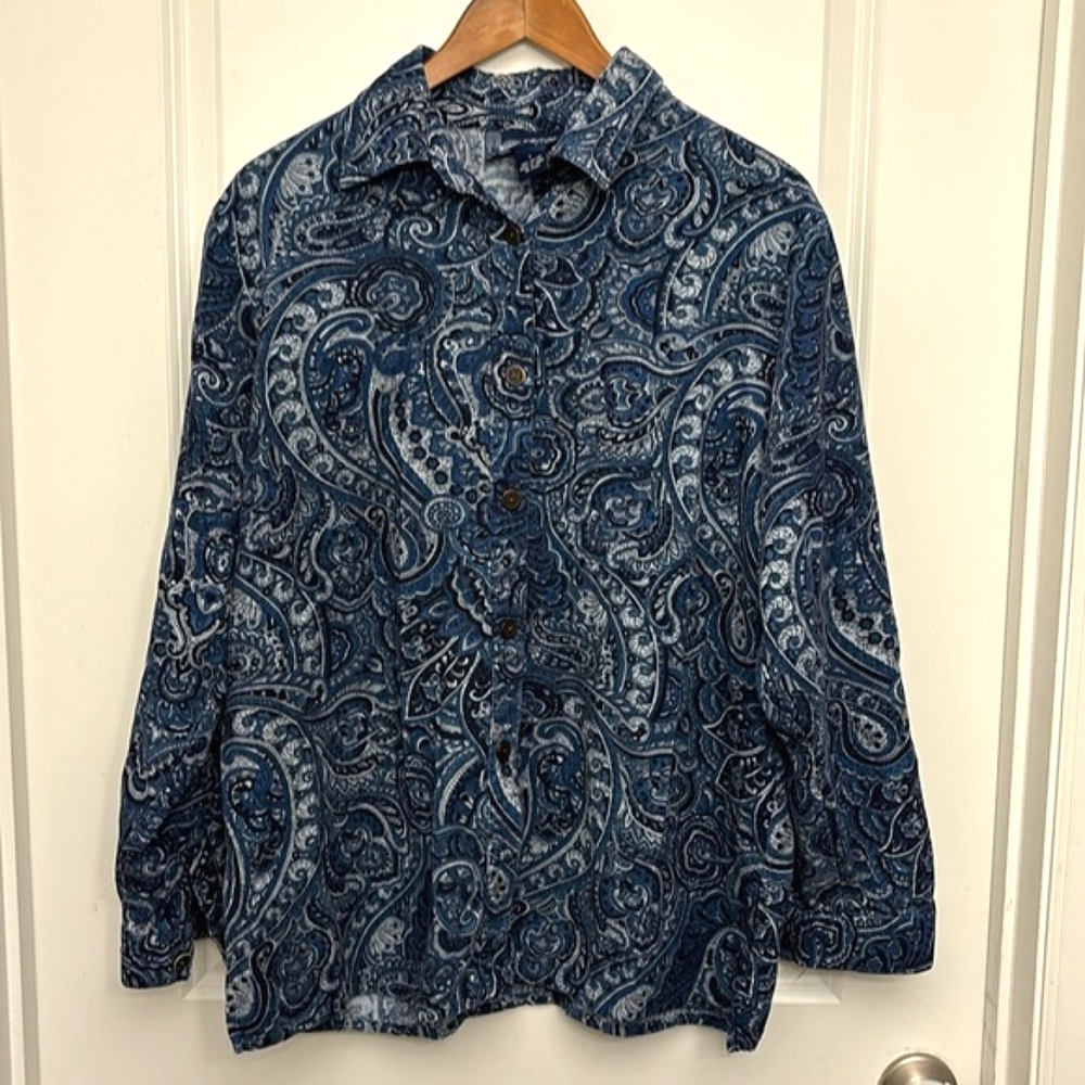 Susan Graver Corduroy Long Sleeve Button Up Shirt Paisley Print Blue Large